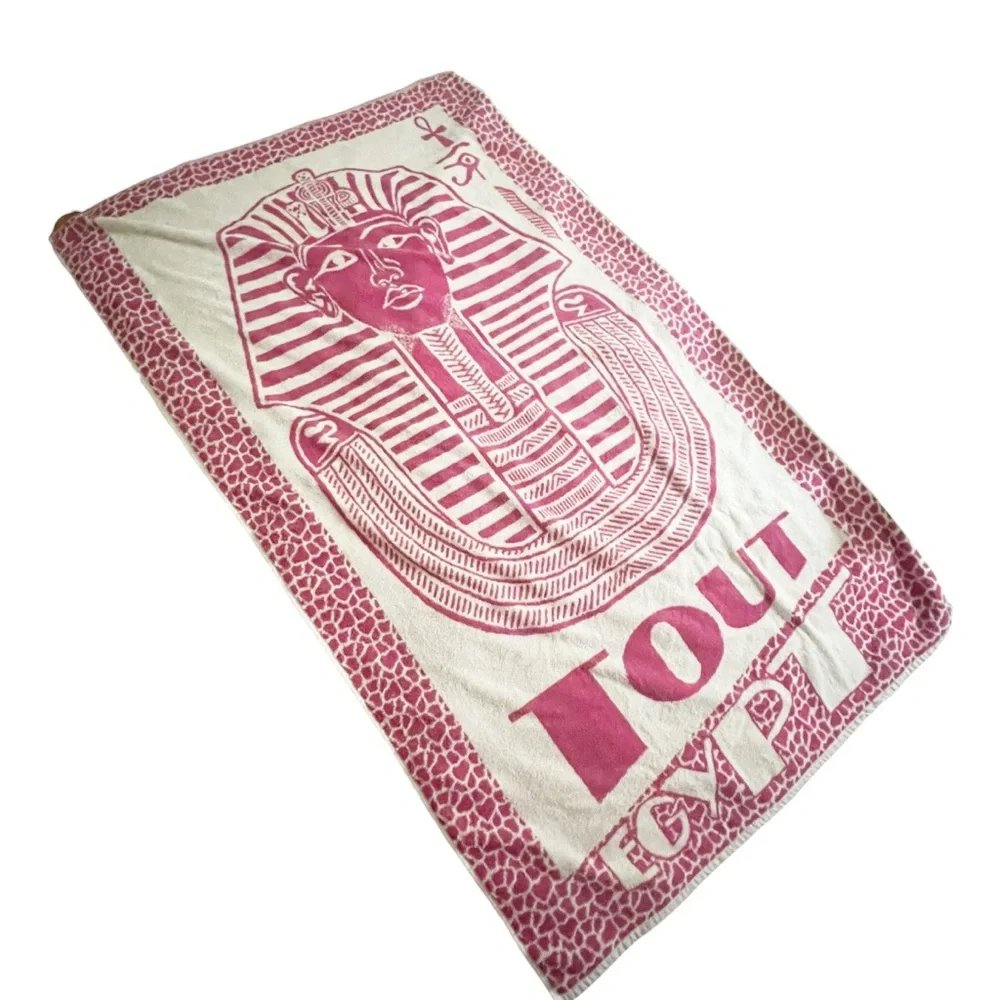 Vintage King Tut Egyptian Beach Towel Pink White Ankh Eye of Ra